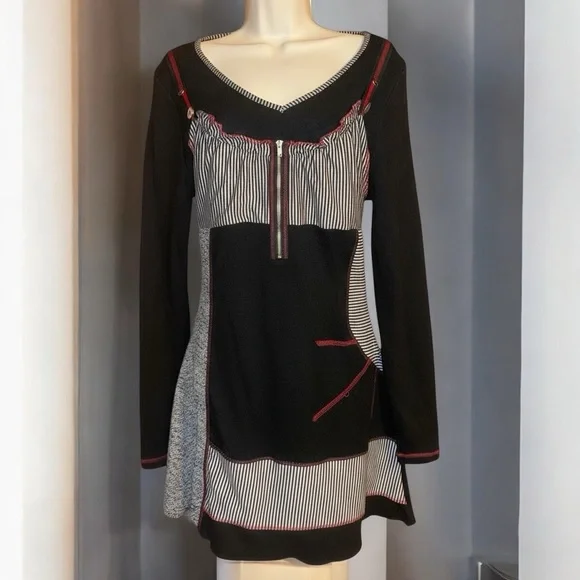The Pyramid Collection Black Patchwork Tunic Dress Boho Gothic Artsy Long Sleeve - Picture 2 of 9